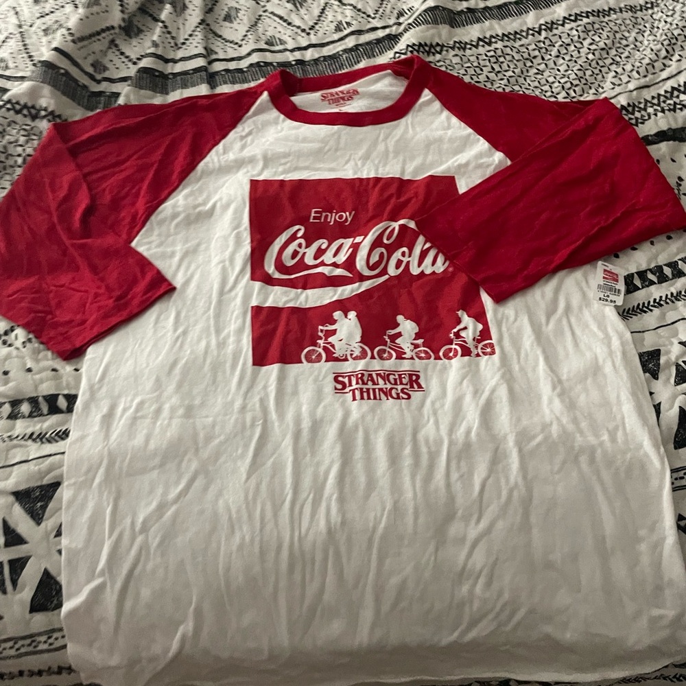 large coca-cola x stranger things red and white long sleeve top